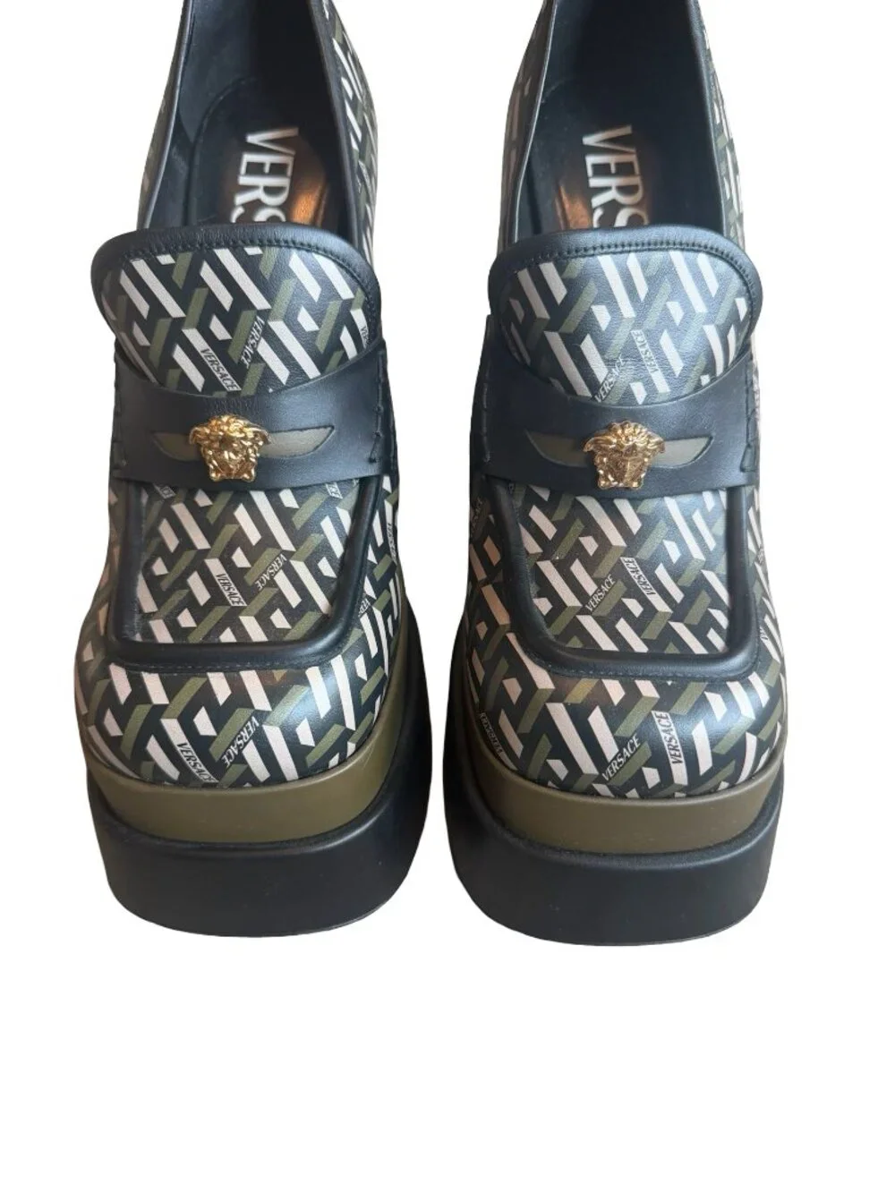 Versace La Greca Print Platforms Loafers Juno Gold Medusa Logo Designer Size 40